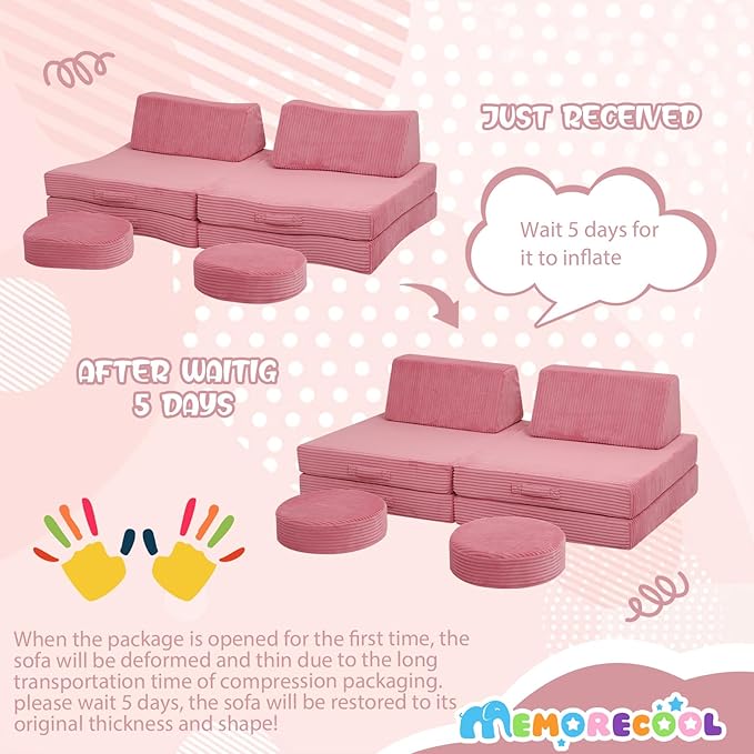 MeMoreCool Kids Couch for Playroom, Corduroy Convertible Toddler Couch, 8 Piece Modular Play Sofa, Foam Fort Building Set for Child Room Furniture, Pink