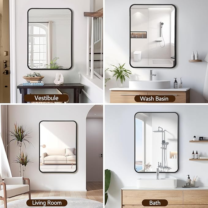 24x36 Rounded Rectangle Bathroom Mirrors for Over Sink, Black Vanity Mirror with Metal Frame Wall Mounted, Modern Farmhouse Mirror for Restroom, Bedroom, Entryway Decor