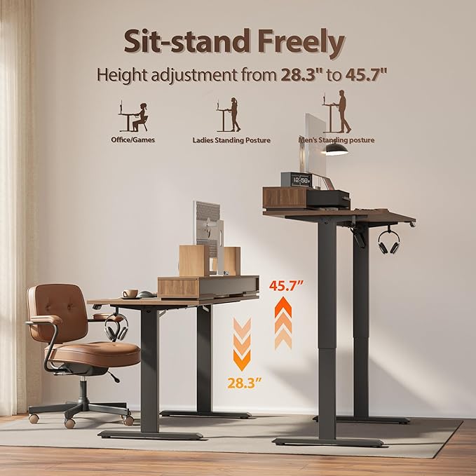 Agilestic 55 Inch Electric Standing Desk with Drawers, Adjustable Desk with Storage Shelf, Stand Up Home Office Computer Table, Splice Board, Dark Walnut