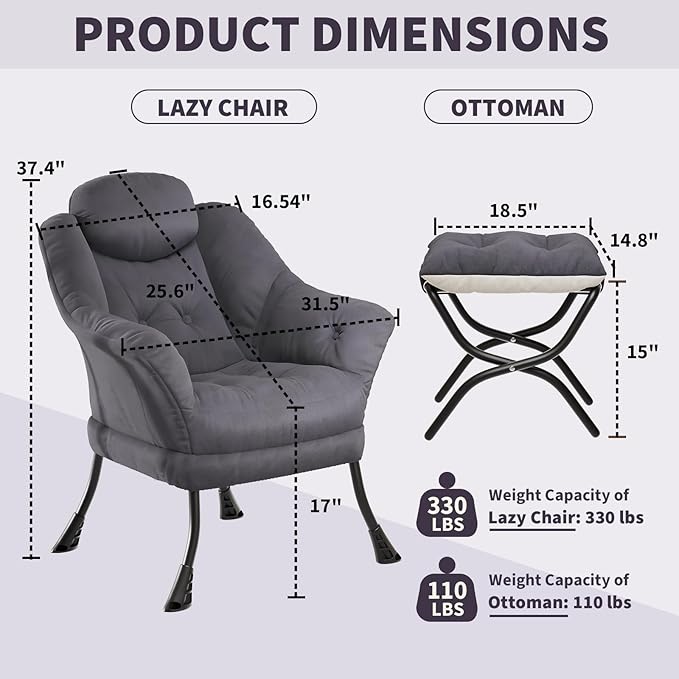 IDEALHOUSE Lazy Chair with Ottoman - Modern Living Room Chairs for Small Spaces, Ergonomic Reading Chair with Armrests, Comfy Chair with Ottoman for Bedroom & Living Room, Grey