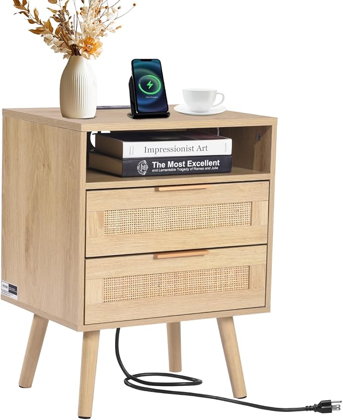 VEVOR Rattan Nightstand, Boho Bedside Table with Open Shelf 2 Drawers, End Table Nightstand with Solid Wood Legs, Rattan Bedside Table with Charging Station, for Bedroom