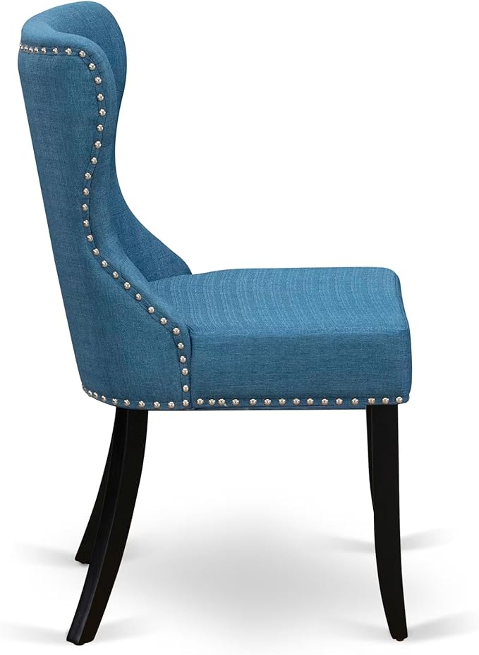 LESI9-SBB-21-9-Piece Dining Room Set Consists of a Modern Table and 8 Blue Linen Fabric Dining Room Chairs with Button Tufted Back - Sand Blasting Black Finish