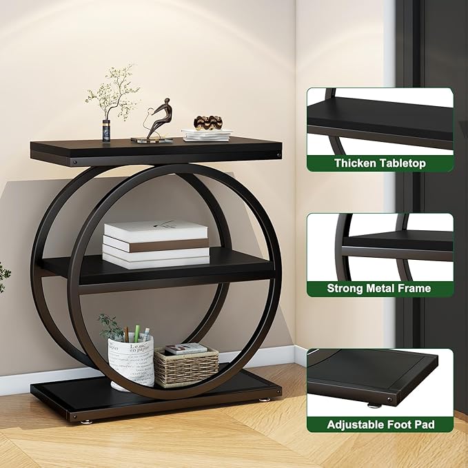 IBUYKE Narrow End Table with 3 Storage Shelves, Industrial Sofa Side Table, Double Round Metal Frames, Slim Nightstand and Bedside Table for Bedroom, Living Room, Black UTMJ418B