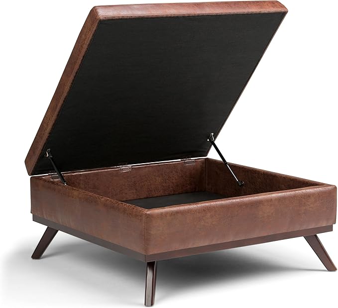 SIMPLIHOME Owen 36 inch Wide Mid Century Modern Square Coffee Table Storage Ottoman in Distressed Saddle Brown Vegan Faux Leather, Assembled, For the Living Room, Entryway and Family Room