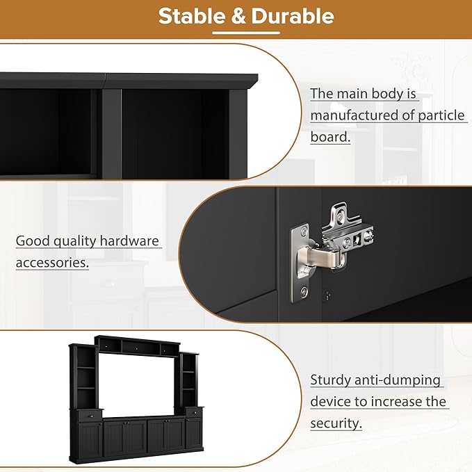 Merax Modern TV Stand Set with Adjustable Bridge for TVs Up to 75", Storage Media Console & Wall Units - Minimalist Entertainment Center for Living Room, Black