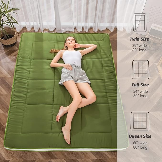 MAXYOYO Futon Mattress, Padded Japanese Floor Mattress Quilted Bed Mattress Topper, Extra Thick Folding Sleeping Pad Breathable Floor Lounger Guest Bed for Camping Couch, Green, Queen