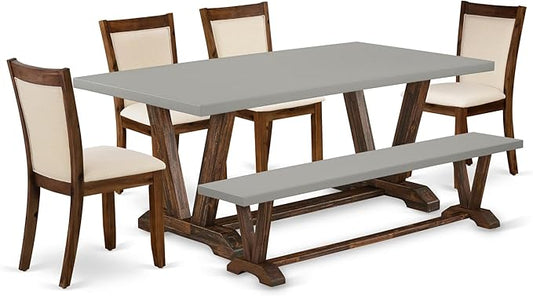 East West Furniture V797MZN32-6 6 Piece Dining Set Contains a Rectangle Dining Room Table with V-Legs and 4 Light Beige Linen Fabric Upholstered Chairs with a Bench, 40x72 Inch, Multi-Color