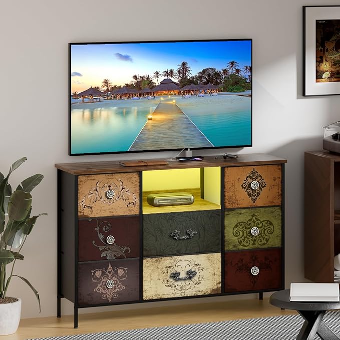 Pattern Dresser with LED Lights and Power Outlets, Dresser TV Stand with 8 Drawers for 55" TV, Fabric Chest of Drawers for Bedroom, Living Room, Entryway
