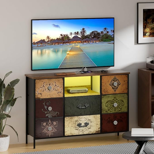 Pattern Dresser with LED Lights and Power Outlets, Dresser TV Stand with 8 Drawers for 55" TV, Fabric Chest of Drawers for Bedroom, Living Room, Entryway