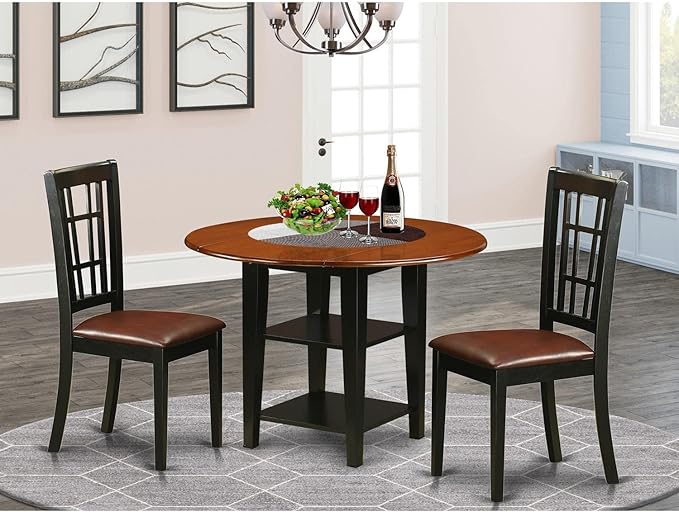East West Furniture SUNI3-BCH-LC 3 Piece Kitchen Table Set Contains a Round Dining Table with Dropleaf & Shelves and 2 Faux Leather Dining Room Chairs, 42x42 Inch, Black & Cherry