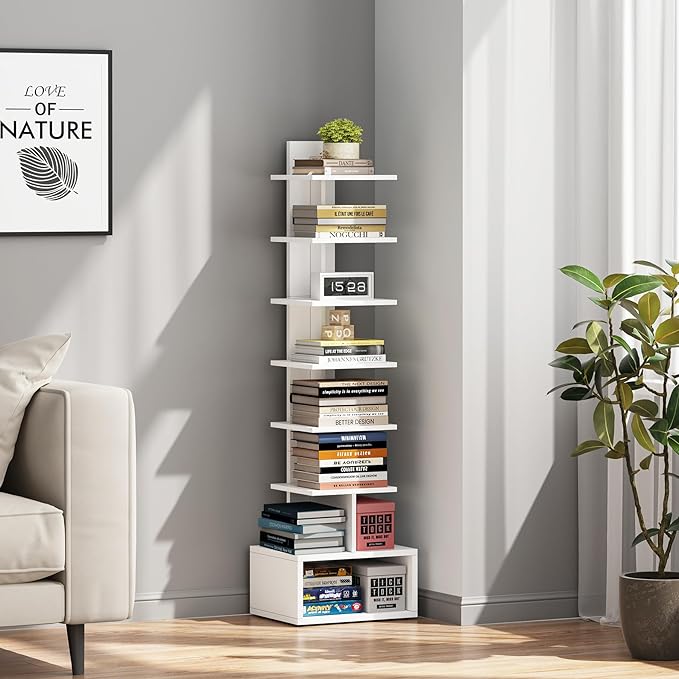 TUTOTAK Narrow Bookshelf, Vertical 8-Tier Bookcase, Spine Book Shelf for Small Space, Small Standing Shelf for Living Room, Office, Study, Entryway, White BS07BW008