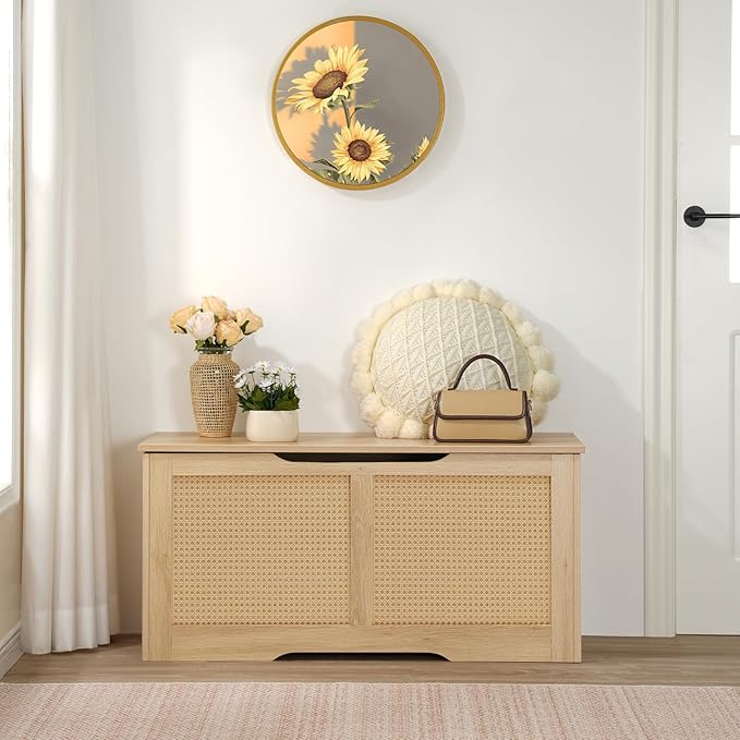 HOOBRO Storage Bench, 39.3" Toy Box, Rattan-Like Storage Chest, Sturdy Entryway Bench Supports 220 lb, Toy Chest, Safety Hinge, U-Shaped Opening, Easy Assembly, Natural NL11CW01