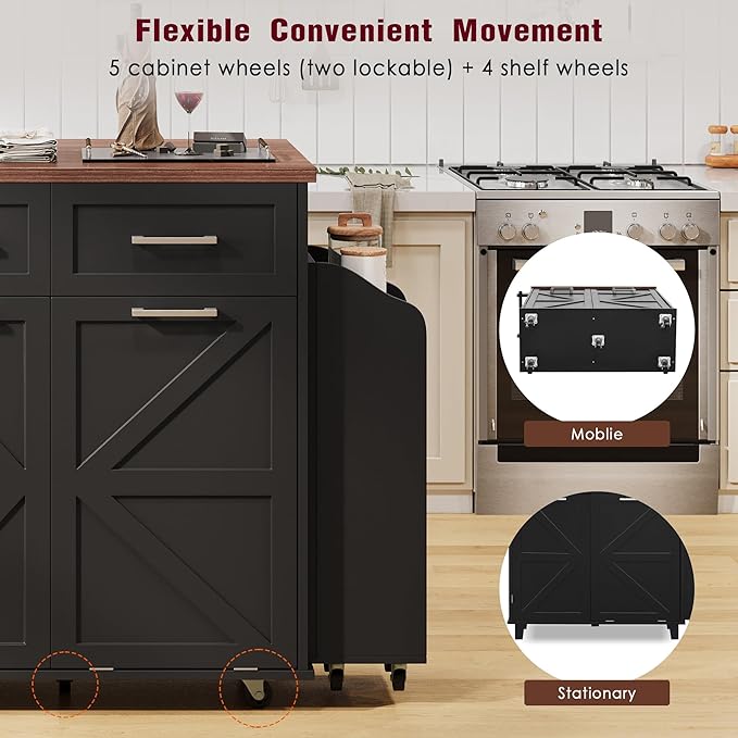 Ball & Cast Farmhouse Kitchen Island with Drop Leaf,Rolling Kitchen Cart on 5 Wheels W/Removable Side Racks and 2 Drawers,Kitchen Storage Cart W/Towel Rack,for Kitchen,Dining Room,Black,47.2"