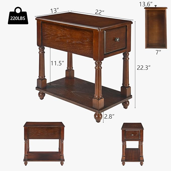 LEEMTORIG Narrow Nightstand with Drawer, No-Tools Assembly Wood End Tables Living Room Side Tables Bedroom, Mid-Century Modern 13"W Slim Narrow Bedside Table, 22"D x 22.3"H, Cherry Brown BBJ-004-DWA