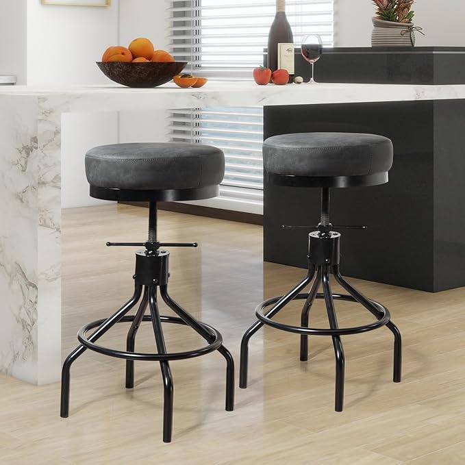 Grey Swivel Bar Stools Set of 2 Adjustable Swivel Round Barstools Modern PU Leather 28inch Industrial Backless Counter Height Stool Bar Chair for Kitchen Island (2, Grey)