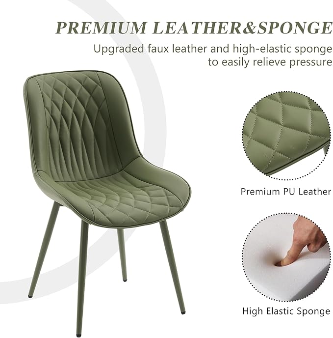YOUNIKE Dining Chairs Set of 2 with High Backs Mid Century Modern Kitchen & Dining Room Chairs Faux Leather Upholstered Wide Accent Chair Comfortable Padded Living Wating Room Chair Olive Green