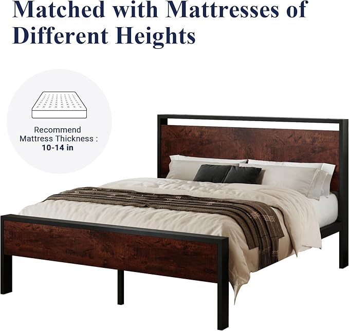 Allewie Queen Size Platform Bed Frame with Wooden Headboard and Footboard, Heavy Duty 12 Metal Slats Support, No Box Spring Needed, Under-Bed Storage, Noise Free, Easy Assembly, Mahogany