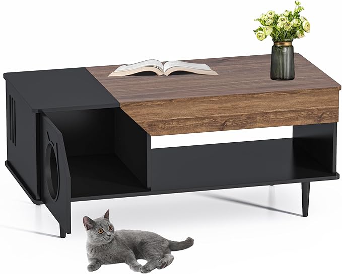 GAOMON Black Coffee Table 45'' Cat Living Room Tables with Storage Drawer, Wooden Rustic Coffee Table with Cat House, Multifunctional Hidden Kitty Litter Box Furniture