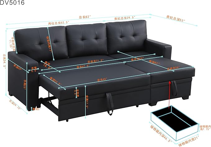 Devion Furniture Philly 4-in-1 Convertible L Shaped Couch with Pull Out Bed and Storage, Sectional Sleeper Sofa with Reversible Chaise for Living Room, Apartment, Bedroom, Office