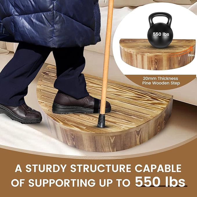 Solid Wooden One Step Stool, 5.2" High Semicircular Wood Bed Step for Elderly Adults Kids Safety to Get in & Out of High Bed, Kitchen, Bathroom(26.4" L, 550LBs Capacity)