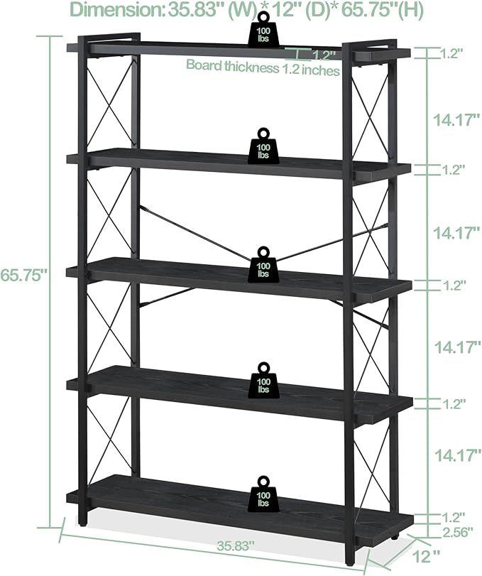 HCHQHS Bookshelf, 5-Tier Industrial Bookcase, Black Open Book Shelf, Freestanding Tall Bookshelves with Metal Frame
