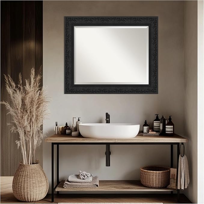Amanti Art Black Bathroom Mirror for Over Sink, 29x35 Luxe Black Rectangle Vanity Mirror, Large Traditional Frame, Hangs Horizonally and Vertically, Bathroom Wall Decor, Beveled Edge