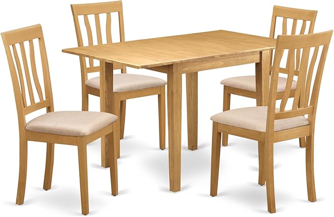 East West Furniture NDAN5-OAK-C 5 Piece Dining Room Table Set Includes a Rectangle Kitchen Table with Dropleaf and 4 Linen Fabric Upholstered Dining Chairs, 30x48 Inch, Oak