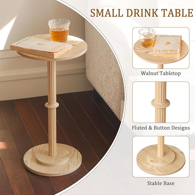 MaxSmeo Drink Table, Small Side Table for Small Spaces, Modern Round End Table with Fluted Wood Leg, Natural