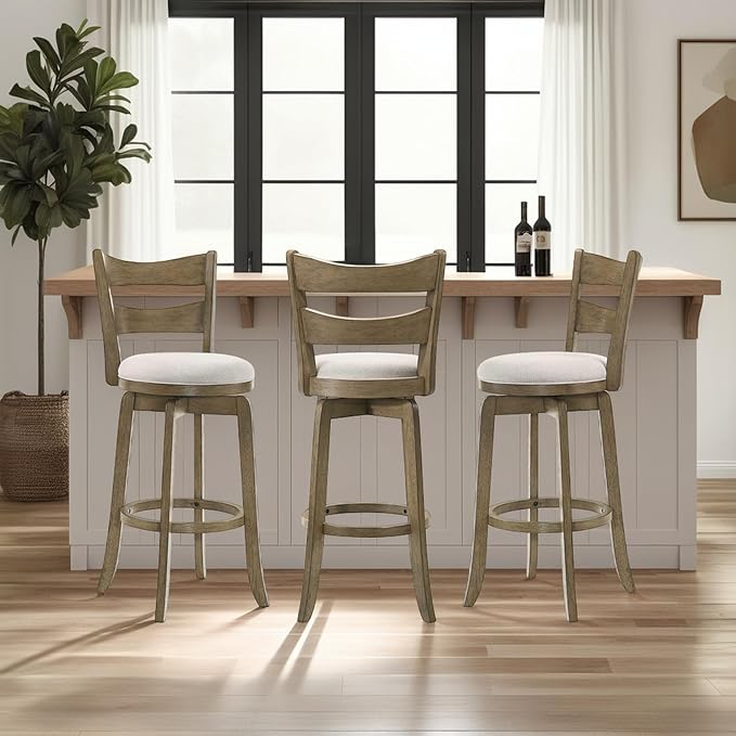 Armen Living Blair 30 in. Putty Brown Bar Height Rubberwood Swivel Barstool with Cream Fabric Seat - Set of 3