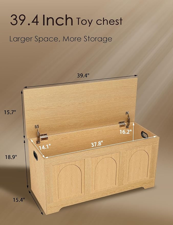 DINZI LVJ Storage Chest, 39.4”Wooden Storage Box with 2 Safety Hinges, Entryway Shoe Bench with Flip-Top, Trunk for Living Room, Bedroom, Easy Assembly, Natural