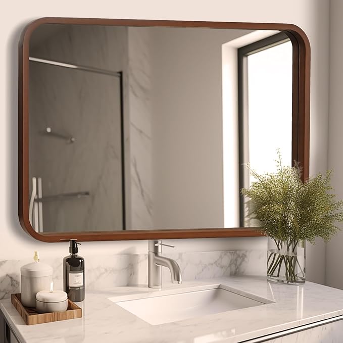 WallBeyond 30x40 Inch Wood Mirror for Bathroom, Wooden Frame Wall Mirror Farmhouse Wall Mounted Rectangle Mirror for Vanity (Horizontal/Vertical Walnut Color)