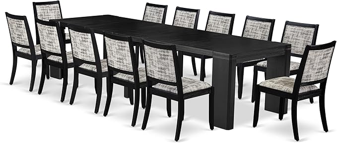 X12X2-006-30 - 13-piece Dining Room Table Set a Rectangular Kitchen Table and 12 Wire Brushed Black Polyester Fabric Stackable Chair, 39x120 Inch, Wire Brushed Black