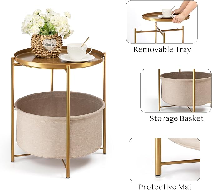 danpinera Round Side Table with Fabric Storage Basket, Metal Side Small Bedside Table Nightstand with Removable Tray Top for Living Room, Bedroom, Nursery, Laundry, Gold