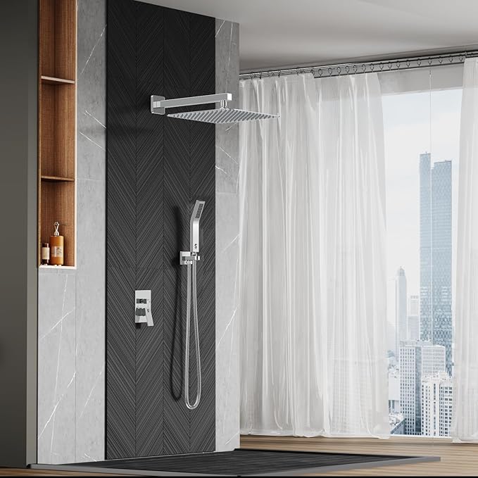 SR SUN RISE SRSH-D1203 12 Inches Bathroom Luxury Rain Mixer Shower Combo Set Wall Mounted Rainfall Shower Head System Polished Chrome Shower Faucet Rough-in Valve Body and Trim Included