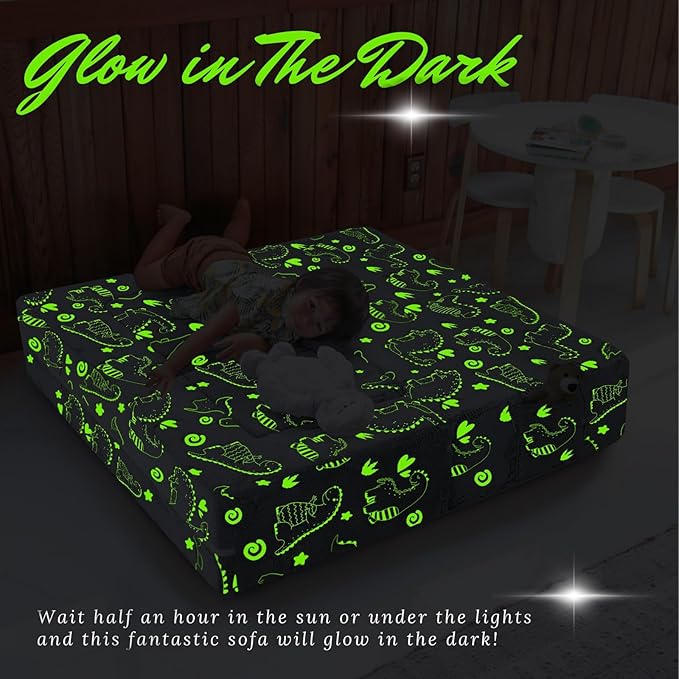 MeMoreCool Glow-in-The-Dark Dinosaur Modular Kids Play Couch — Convertible Foam Sofa for Toddlers, Multi-Configuration Climbing & Fort Building Furniture with Washable Covers, Gray