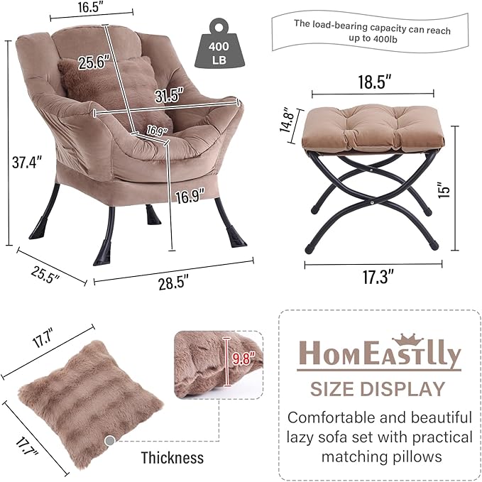 Large Lazy Chair with Ottoman, Accent Reading Chair with a Throw Pillow, Cozy Lounge Chair with Armrest, Leisure Sofa Chair for Living Room, Bedroom, Dorm, Khaki