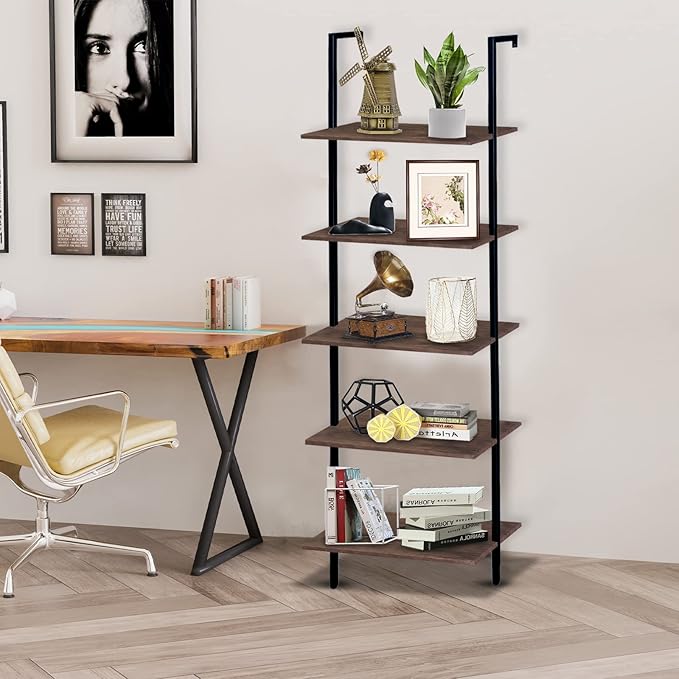 5 Tiers Ladder Shelf Brown Modern Bookshelf Open Tall Wall Mount Bookcase Standing Leaning Wall Shelves Industrial Decorative Living Room Bed Room