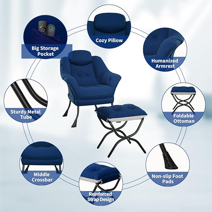 Lazy Chair with Ottoman - Modern Living Room Chairs for Small Spaces, Ergonomic Reading Chair with Armrests, Comfy Chair with Ottoman for Bedroom & Living Room, Blue
