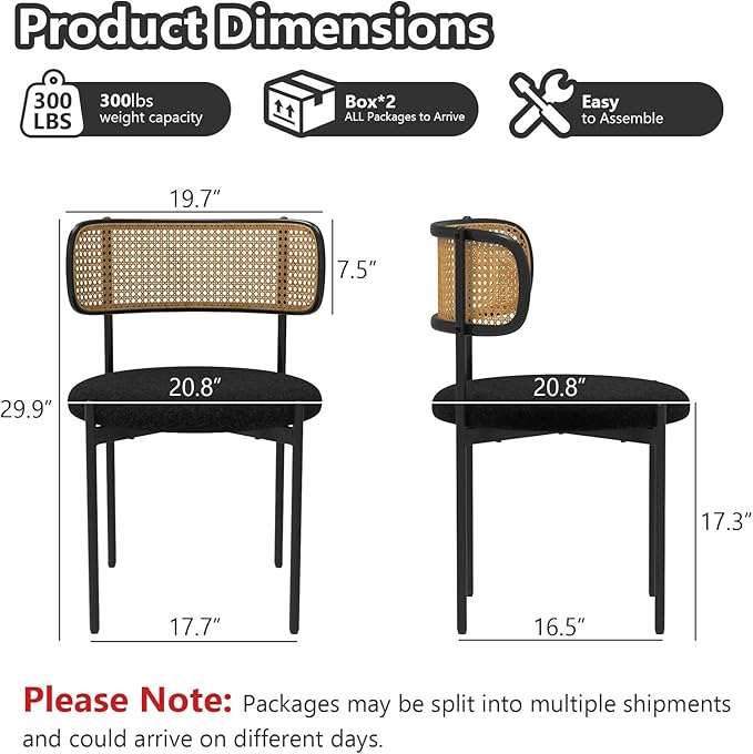 Mid Century Modern Dining Chairs Set of 4 with Rattan Backrest,Velvet Upholstered Accent Kitchen & Dining Room Chairs with Sturdy Metal Frame,Black