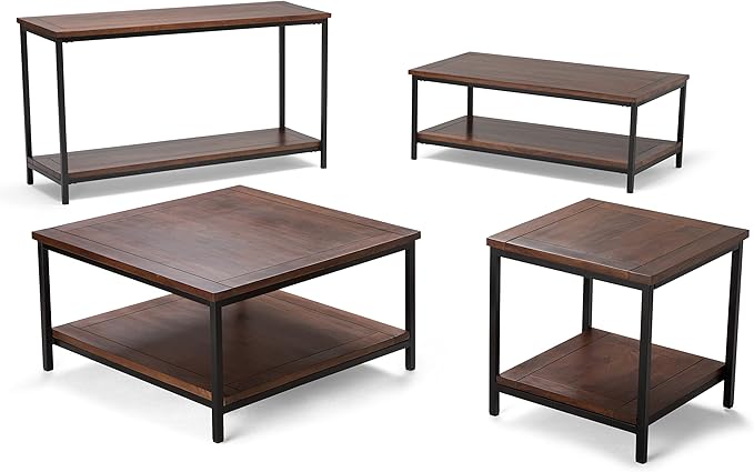 SIMPLIHOME Skyler Square Coffee Table - 34 inch Wide Solid Mango Wood and Metal Living Room Table in Dark Cognac Brown, Industrial Center Table for Family Room with Open Shelf and Black Frame