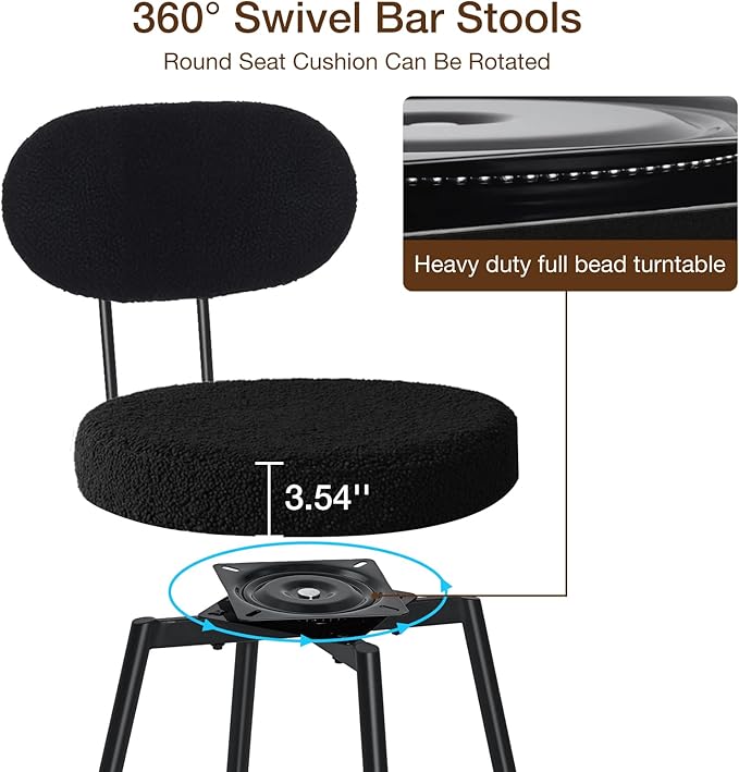 HOMMPA Swivel Bar Stools Set of 3 Counter Height Bar Stools Chiars 26'' Boucle Upholstered Modern Counter Barstools with Back Metal Legs Bar Chairs for Kitchen Counter Island Black
