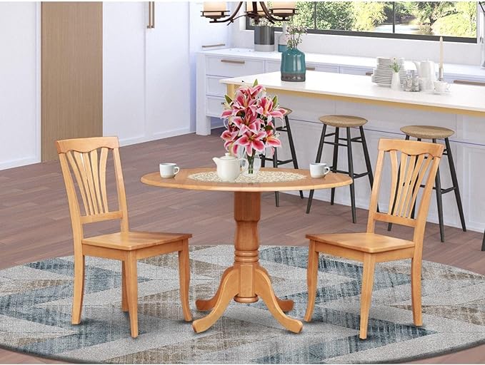East West Furniture DLAV3-OAK-W 3 Piece Dining Room Furniture Set Contains a Round Kitchen Table with Dropleaf and 2 Dining Chairs, 42x42 Inch, Oak