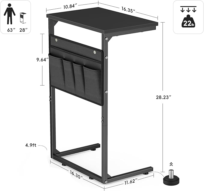 Vagusicc C Shaped End Table Set of 2, Tall Side Table for Sofa, Small Couch Side With Storage Bag, TV Tray for Small Spaces, Sturdy Slide Under Sofa With Metal Frame for Living Room