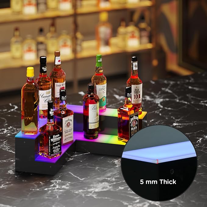 Dethan 2 Tier 20 Inch Liquor Bottle Display Shelf - L-Shape Corner Wine Racks with Multi-Color App & Remote Control, Adjustable Brightness & Sound Modes, Acrylic Bar Shelves for Displays