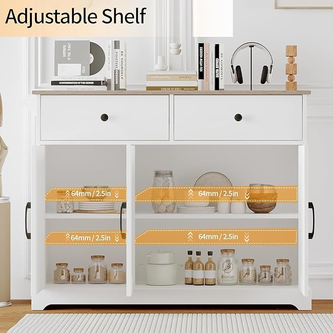 Farmhouse Large Buffet Sideboard Storage Cabinet 42 Inch with Adjustable Shelf, Drawers, and Sliding Barn Doors, Wooden Coffee Bar Kitchen Table for Entryway, Dining Room, and Living Room