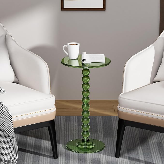 Acrylic Side Table, End Table Round Top with Solid Post for Living Room, Bedroom, Balcony, Easy Assembly (Pedestal, Green)