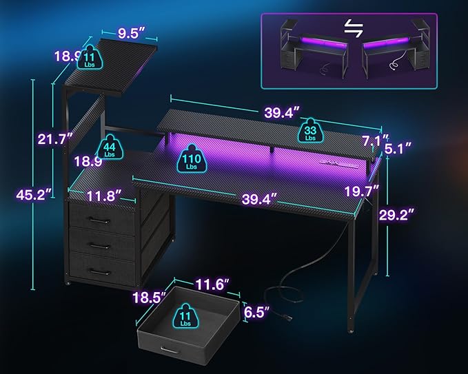 AODK 52 Inch Gaming Desk with USB Charging Ports & LED Light- Reversible Computer Desk with Storage Shelves & Monitor Stand, Modern Gamer Desk Table with Fabric Drawers & Side Hook, Carbon Fiber Black
