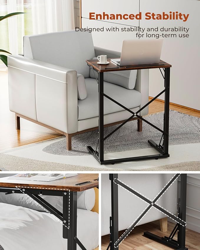 21''Wx28''H Folding TV Tray for Eating, Small Foldable C-Shaped Tray Table with Tablet and Phone Slots, Slide Under Couch Side Table for Recliner, Living Room, Bedroom, Rustic Brown