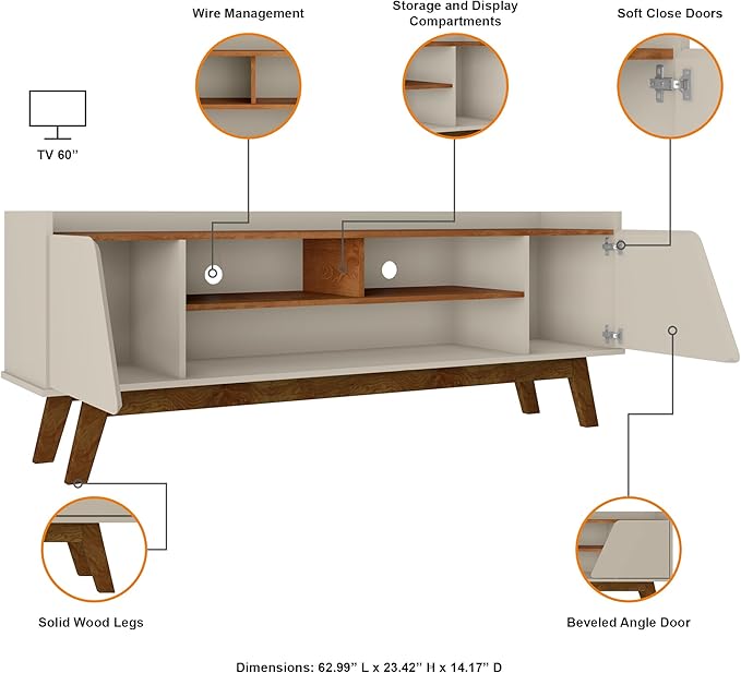 Manhattan Comfort Marcus Mid Century Modern 65 Inch TV Stand with Solid Wood Legs, Cable Management, 5 Shelves and Soft Close Doors, Entertainment Center and Media Console for Living Room, Off White