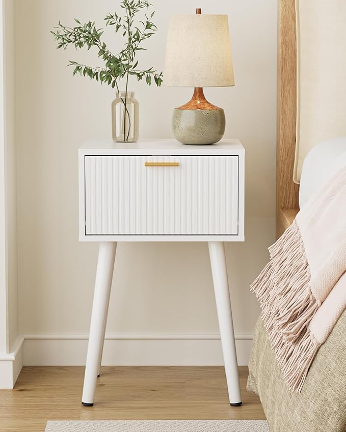 Night Stand, White Nightstand with Fluted Door, Small Modern Mid-Century Bedside Table for Bedroom, End Table for Living Room